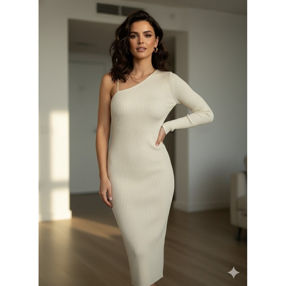 Zara Womens One Shoulder Rib Knit Midi‎ Dress Cream Stretch Clean Girl Size L